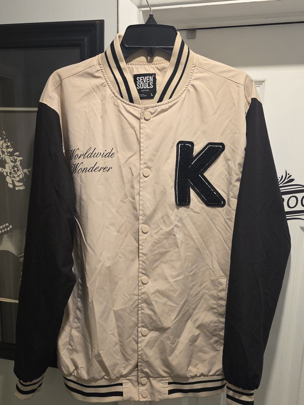 Seven Souls Beige & Black Letterman Bomber Jacket